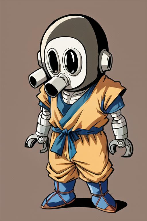 3210040-2367004895-toribot, 1boy, solo, humanoid robot,chibi, (wrench hand), gas mask, full body, standing, orange dougi,son goku, short sleeves, (.png